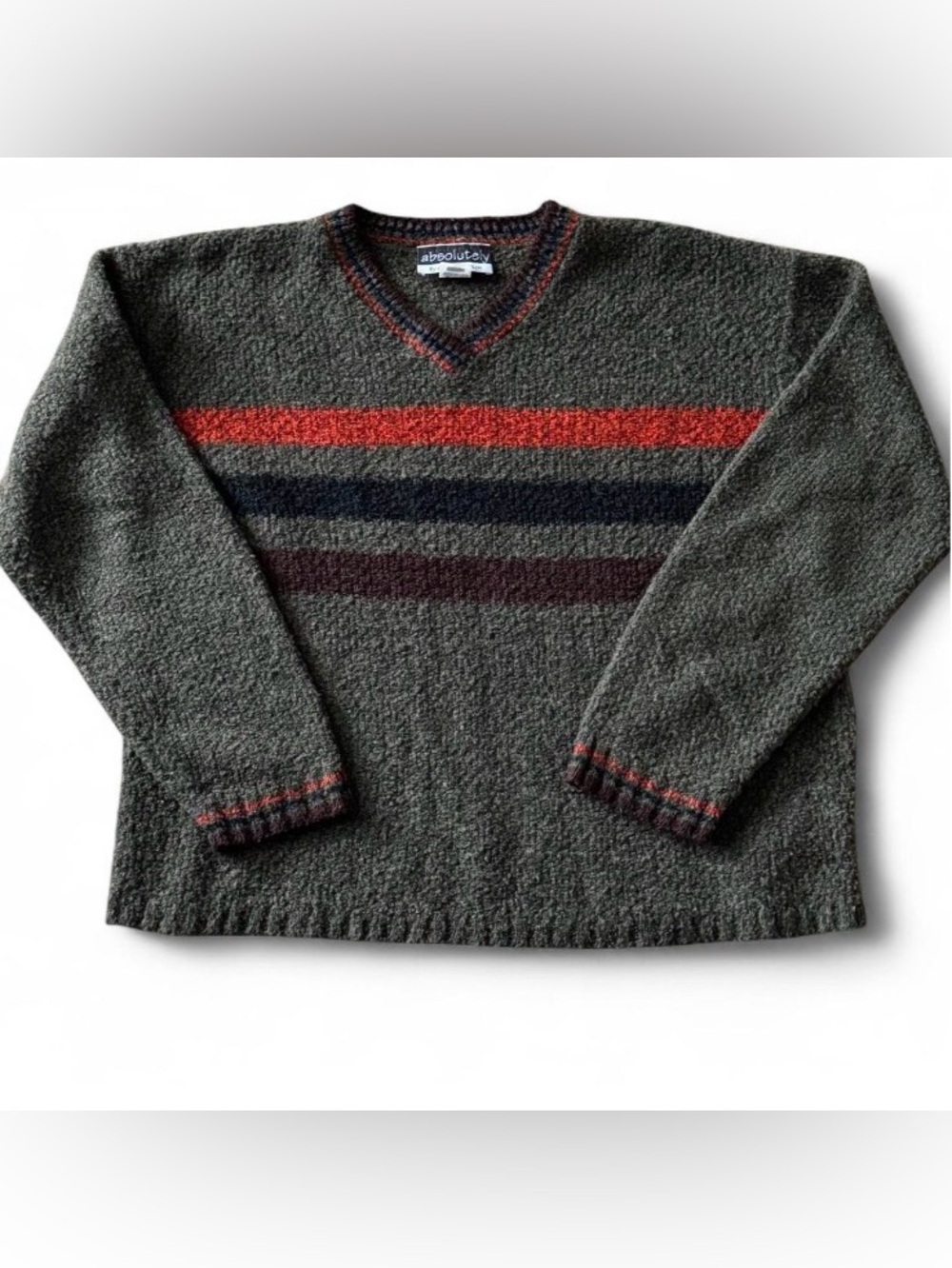 90s Vtg Absolutely V-neck textured knit striped sweater M Green grunge earthy